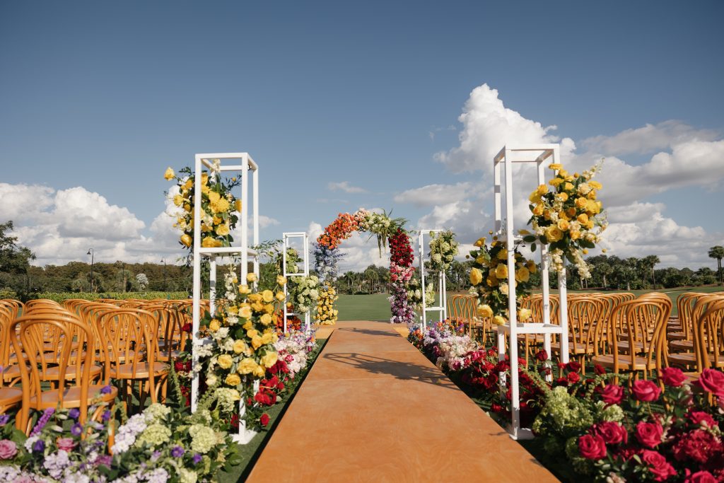 Colorful reception florals, TwinEagles Club wedding
